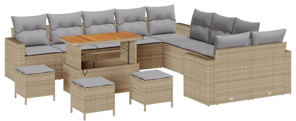 13 darabos kerti sofa szett párnákkal Bézs Poli Rattan Akácia, 3 darabos kerti étkező szett párnákkal Bézs Poli Rattan Akácia