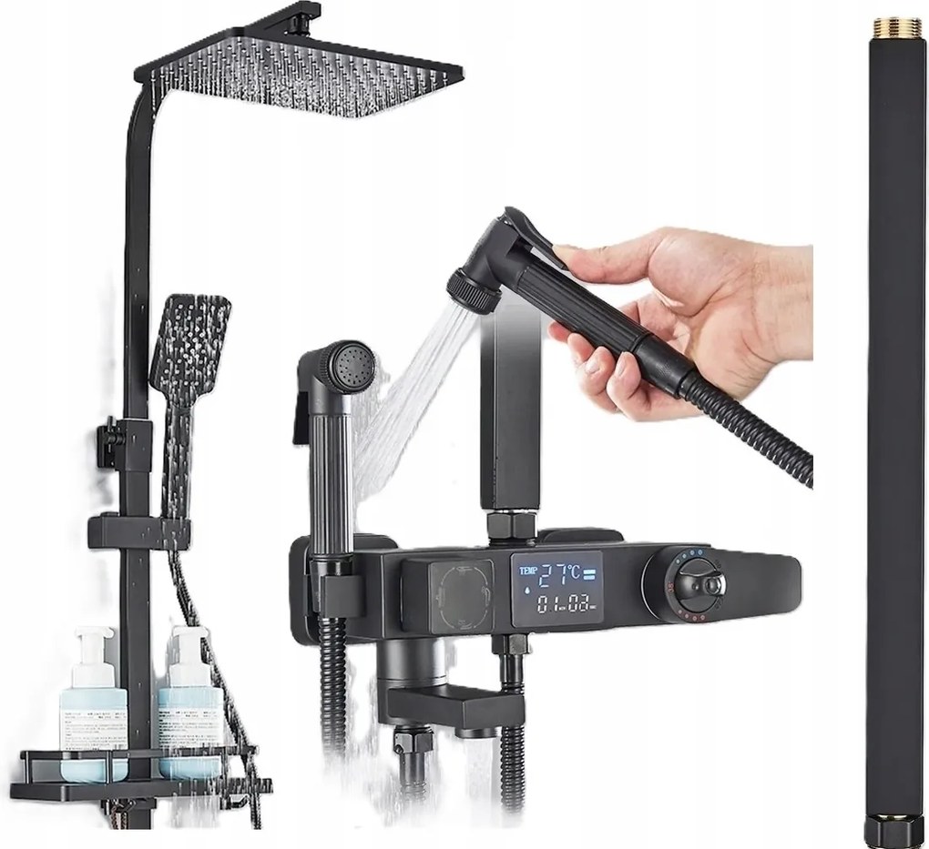 Zuhany csaptelep fekete LCD Termosztát Hosszabbító 40 cm