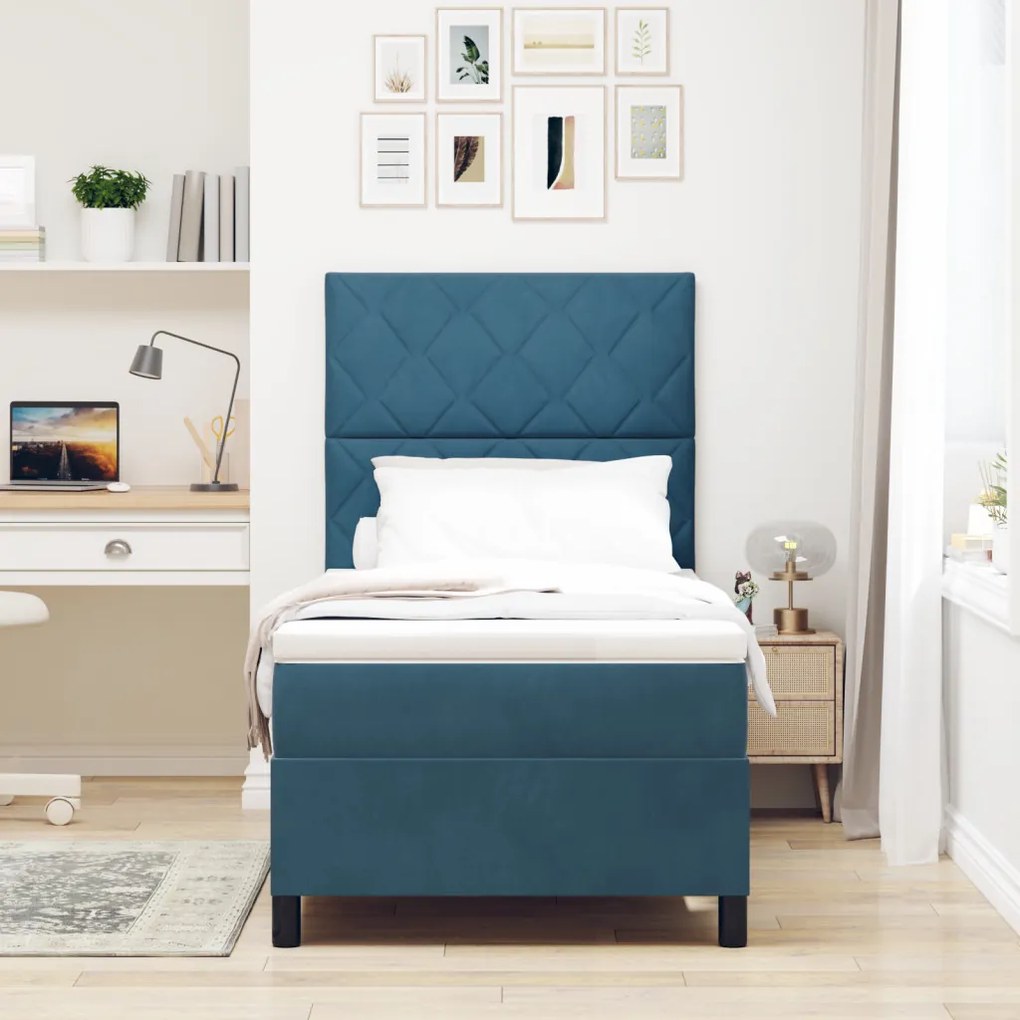 Boxspring Ágy Matrac & LED Sötétkék 90x190 cm Bársonyos
