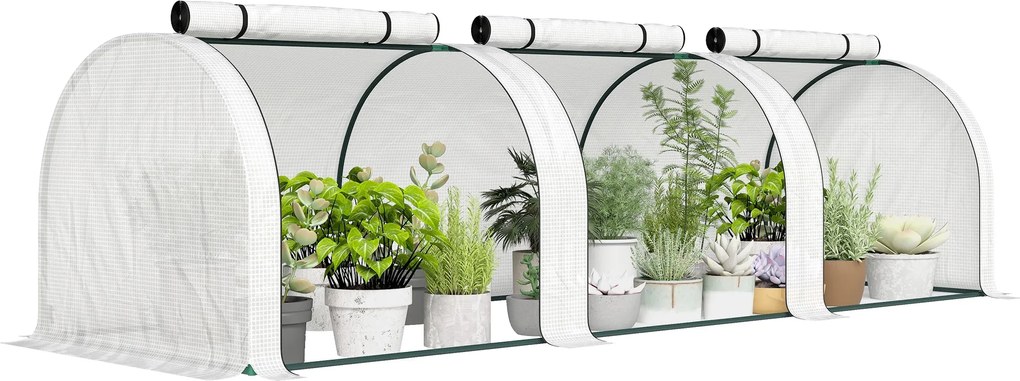 Outsunny mini kertészeti alagútszerű üvegház paradicsomhoz 3 x 1 x 0,8 m, porfestett acélváz, 140 g/m² UV-álló PE, 3 feltekerhető cipzáras ajtó (fehér