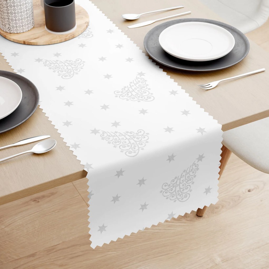 Goldea karácsonyi teflonbevonatú asztali futó - ezüstszínű karácsonyfák és csillagok 50x160 cm