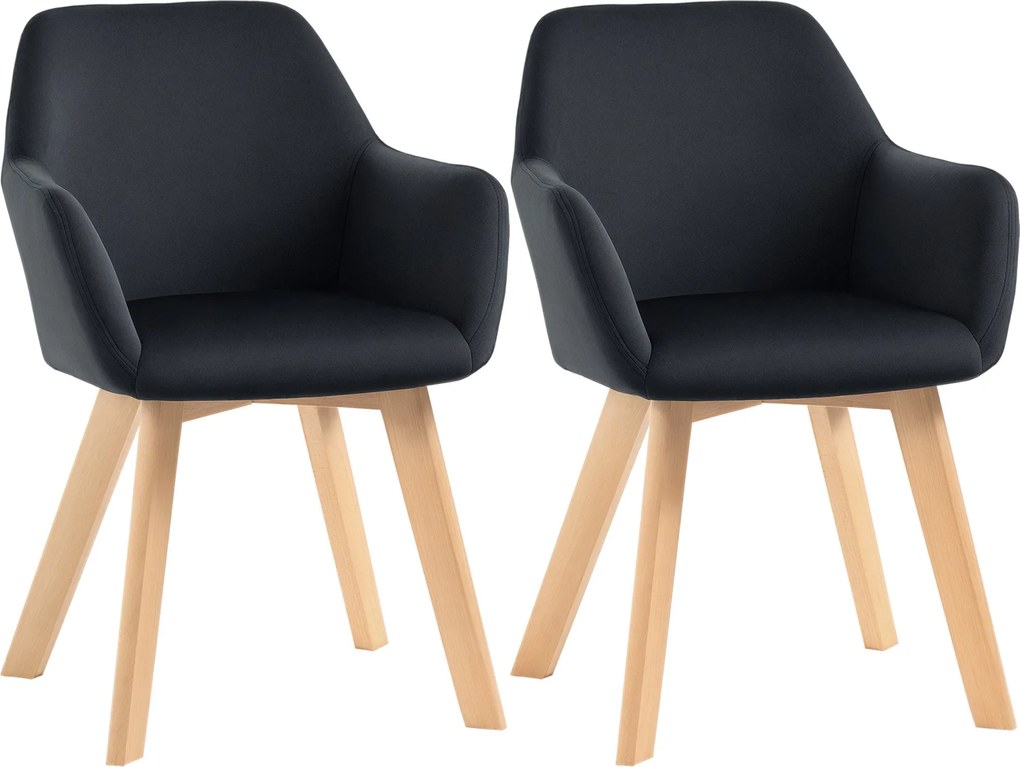 HOMCOM 2 db Étkezőszék, Konyhai Szék Karfával, Támlás, Kárpitozott Szék Velúrahatással, Nappali Szék Fa Lábakkal, Fekete | Aosom