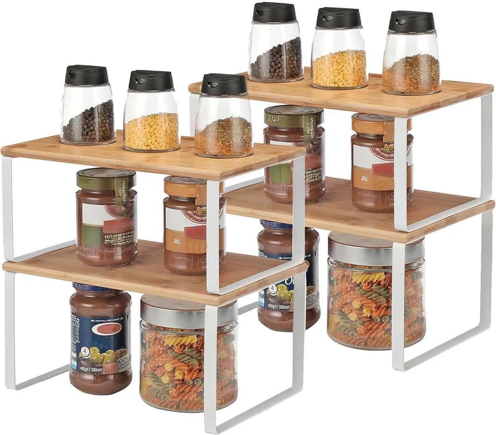 SONGMICS 4 db-os konyhai polcrendszerező szett, fém és fa, fehér/bézs