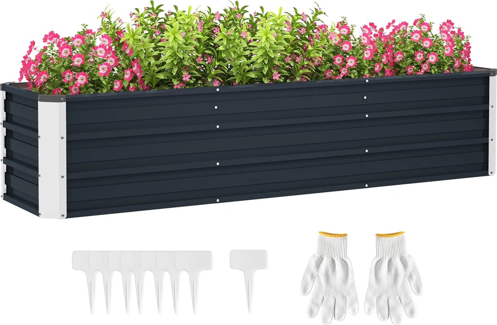 Outsunny Acél kiemelt Kertágy Virágágyás Virágcserép Kesztyűvel Szürke 183 x 47 x 40 cm | Aosom