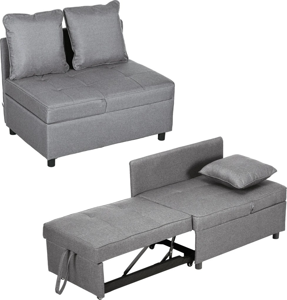 HOMCOM 3 az 1-ben Fotelágy kihúzható kanapéágy funkcióval, 2 személyes, állítható háttámlával, oldalzsebbel, párnával, kerekekkel, max. 300 kg, kis he