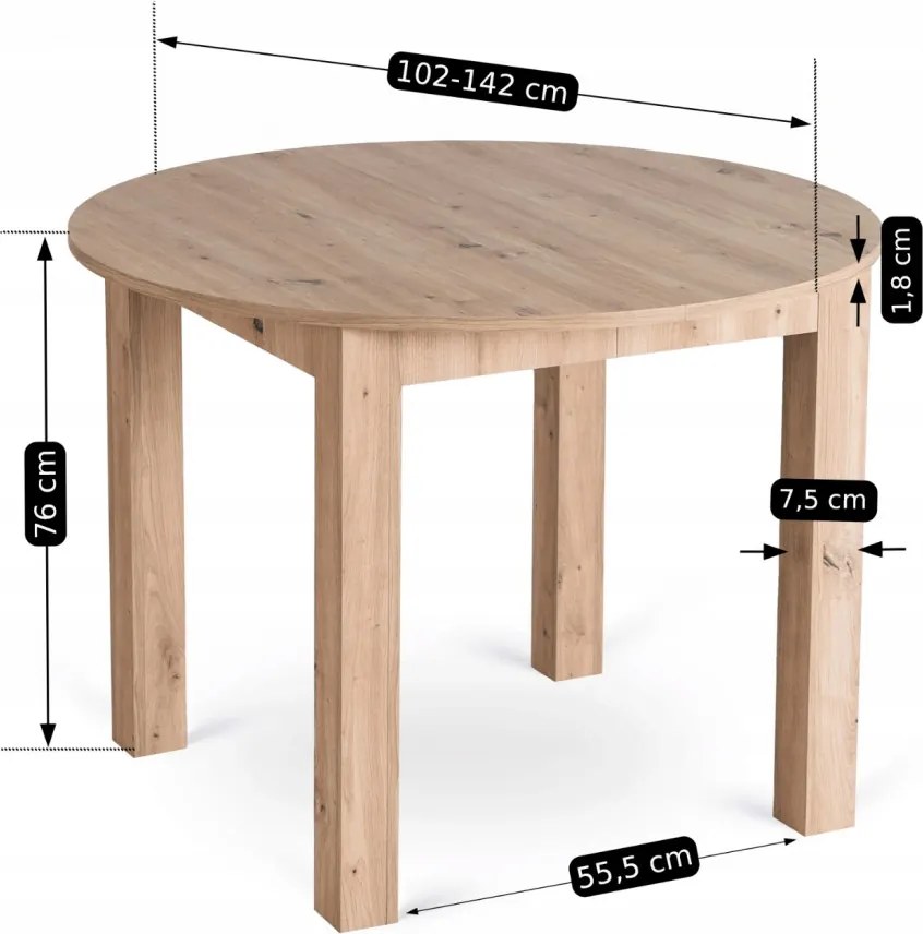 Kihúzható étkezőasztal 102–142 cm méretben, artisan tölgy színben HARRY