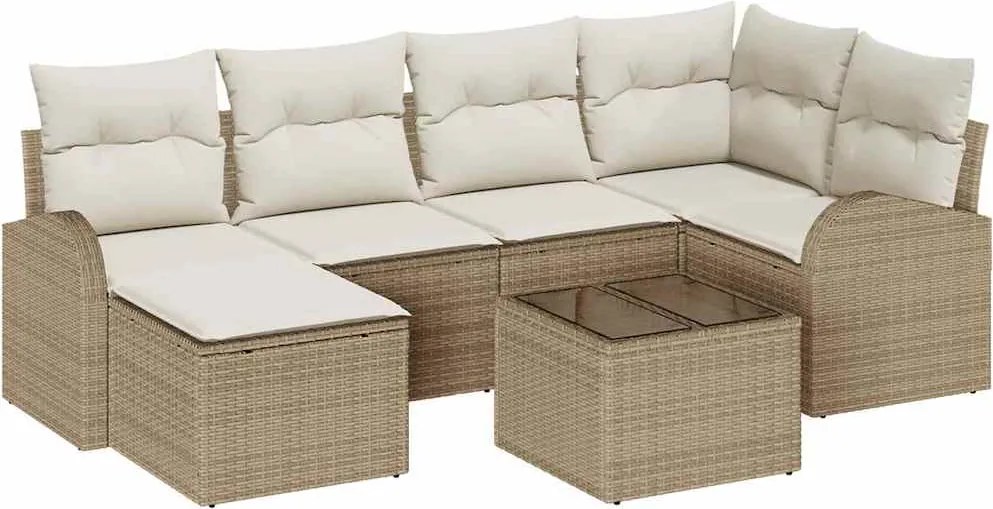 vidaXL Kanapé Szett párnával tárolóval 7 pcs Beige és Fehér polirattan