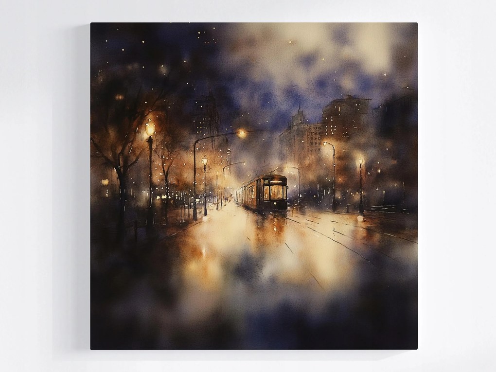 Vászonkép Canvas Villamos Város Fények Éjszaka Lámpák Akvarell 40x40