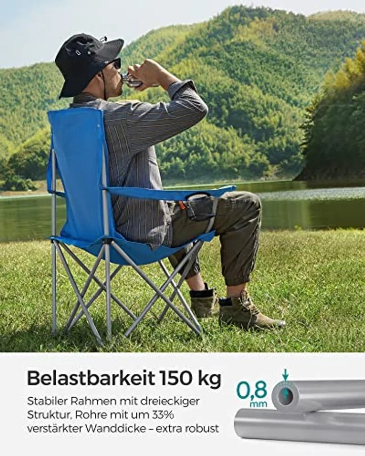 2 db összecsukható kempingszék, kényelmes, nagy teherbírású szerkezet, max. Terhelhetőség 150 kg, pohártartóval, kék