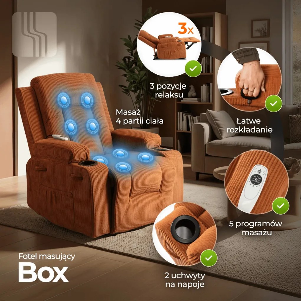 Elektromosan Vezérelhető Masszázsfunkciós Relaxfotel Rozsdabarna Kordbársony Kárpittal. BOX2