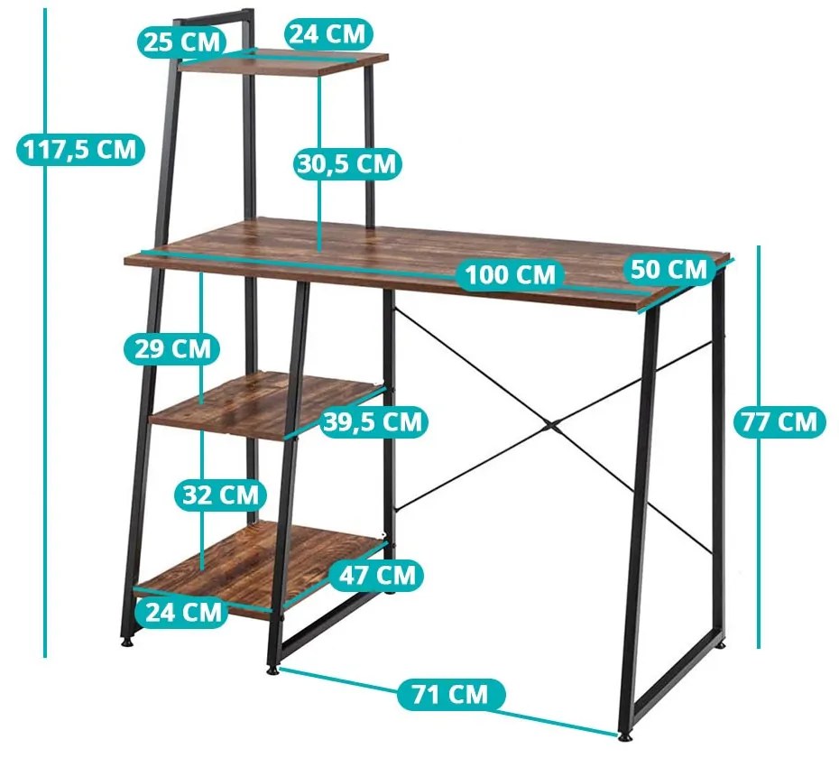 Kompakt számítógépasztal, munkaállomás 4 polccal