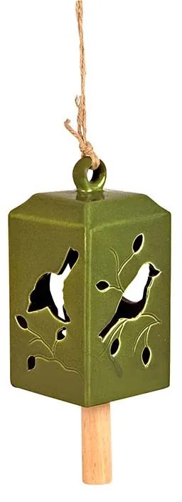 Madaras kerámia szélcsengő, olivazöld