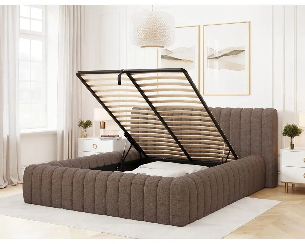 Barna kárpitozott ágyneműtartós franciaágy ágyráccsal 180x200 cm Carilla – ELTAP