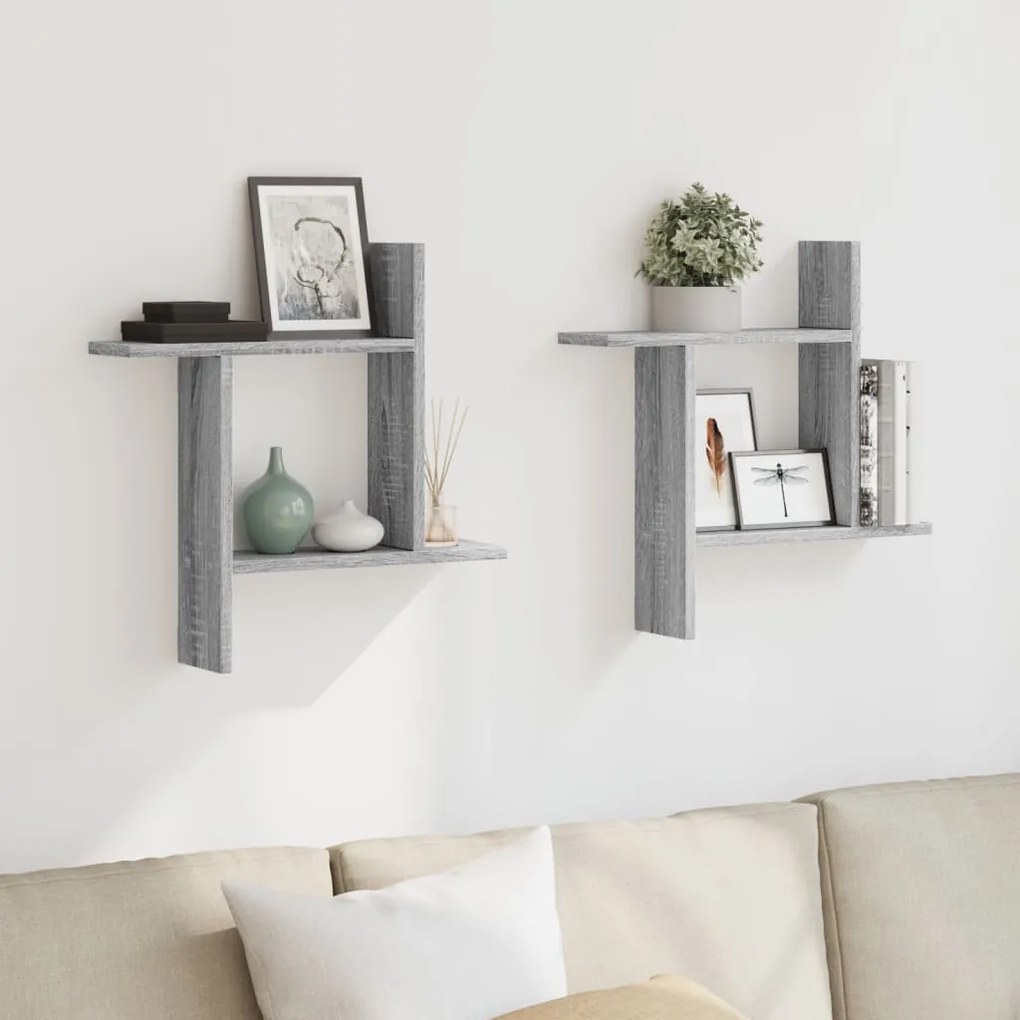 2 db szürke sonoma színű szerelt fa fali polc 50 x 12 x 50 cm