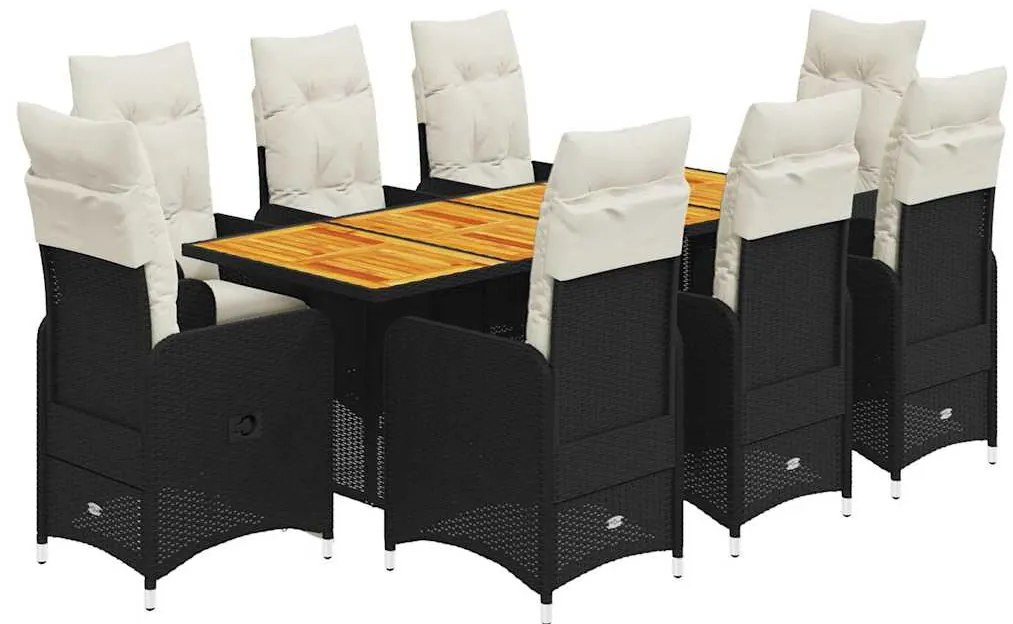 9 részes fekete polyrattan kerti bisztrógarnitúra párnákkal