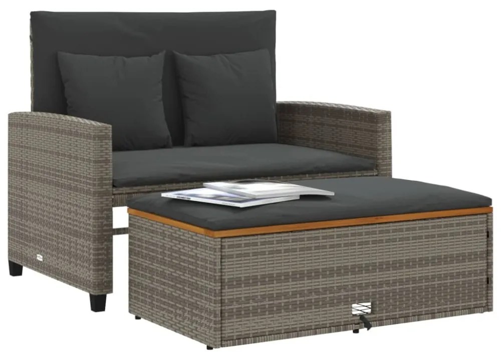 2 személyes szürke polyrattan/akácfa kerti kanapé párnával