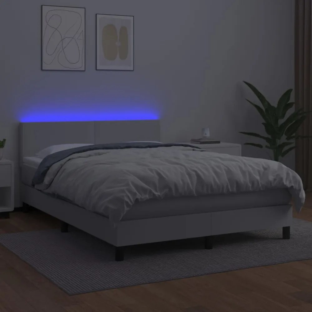 fehér műbőr rugós ágy matraccal és LED-del 140x200 cm