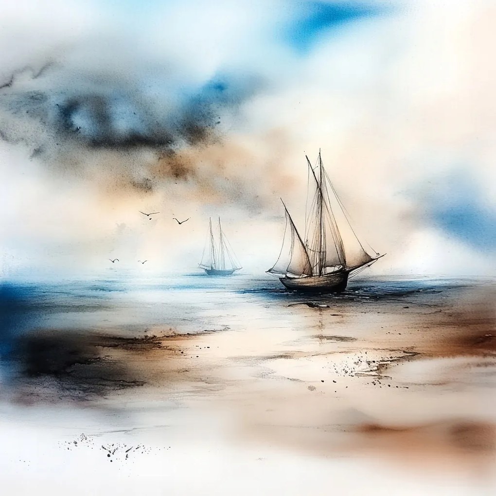 Vászonkép Canvas Tájkép Víz Tenger Csónakok Vitorlások Sirályok Köd 80x80