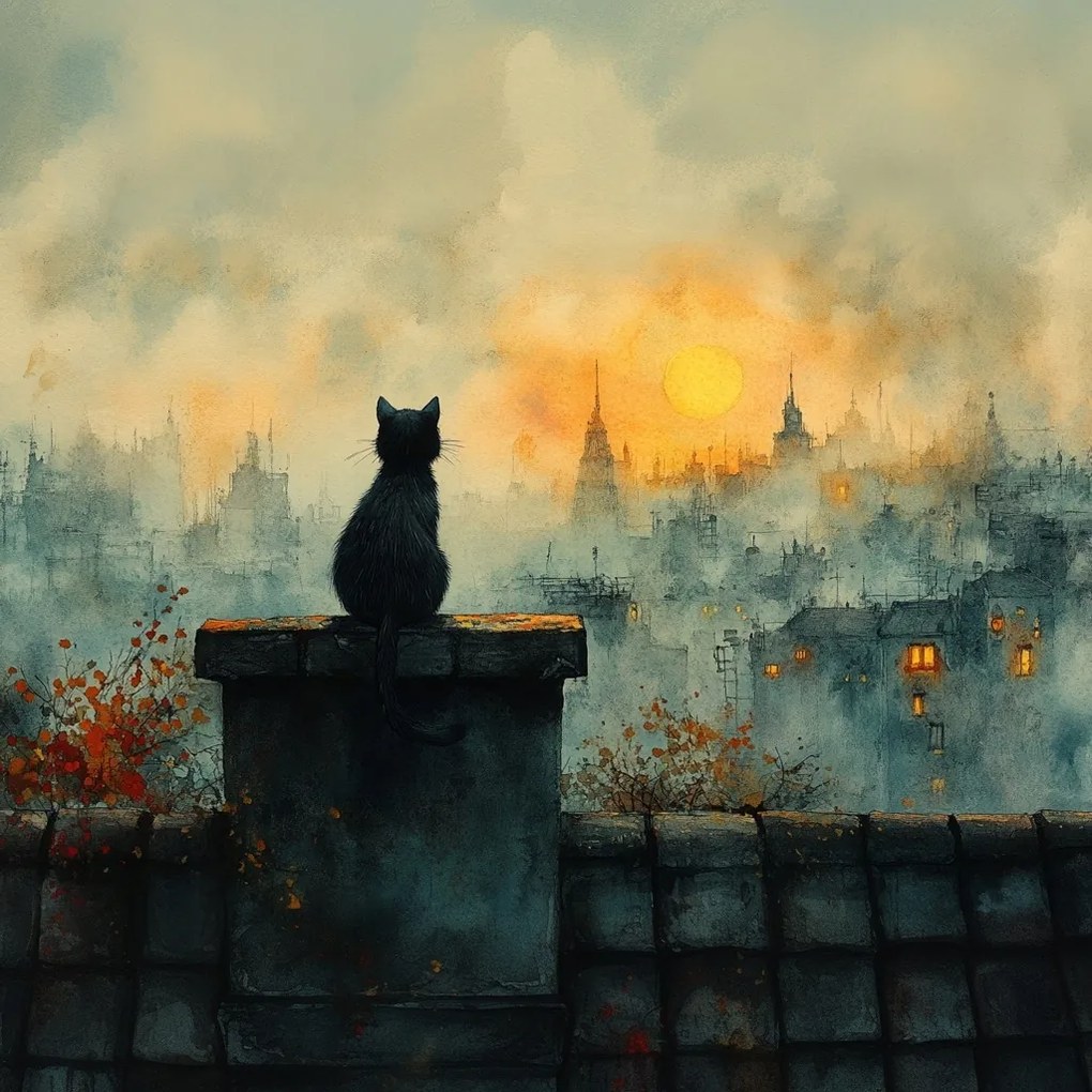 Vászonkép Canvas Város Kilátás Fekete Cica Megfigyelő 80x80