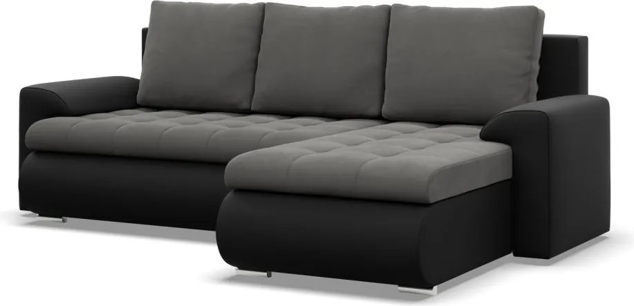 Tokio sarokkanapé, 2 ágyneműtartóval, bársony + műbőr, jobboldali, szürke - fekete