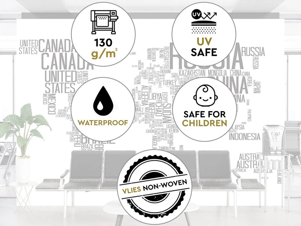 Gario Fotótapéta Világtérkép - fekete-fehér betukkel, skandináv stílusban Anyag: Vlies, Méret: 300 x 210 cm