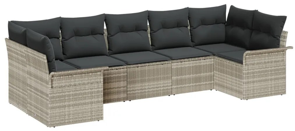 7 darabos Kert Kanapészett Párnákkal Világosszürke Poli Rattan, 2-személyes Kert Kanapé Tárolóval és Párnákkal Világosszürke Poli Rattan