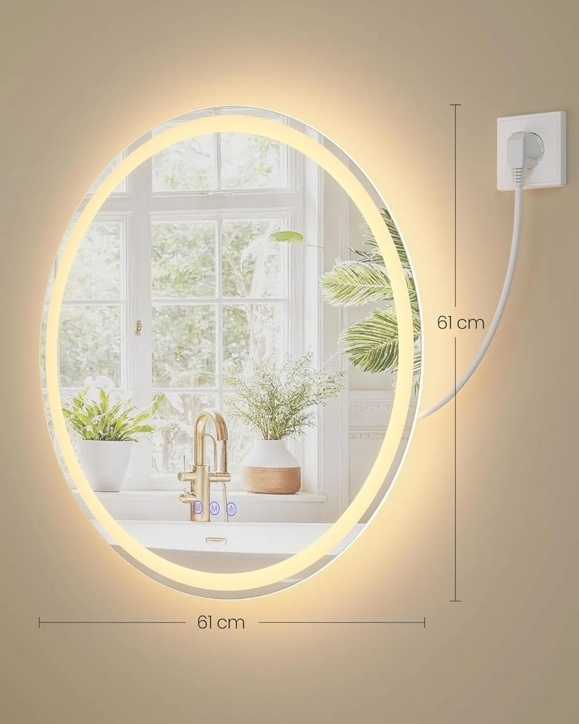 SONGMICS világító kerek fali tükör érintővezérléssel, 61 cm, felhőfehér