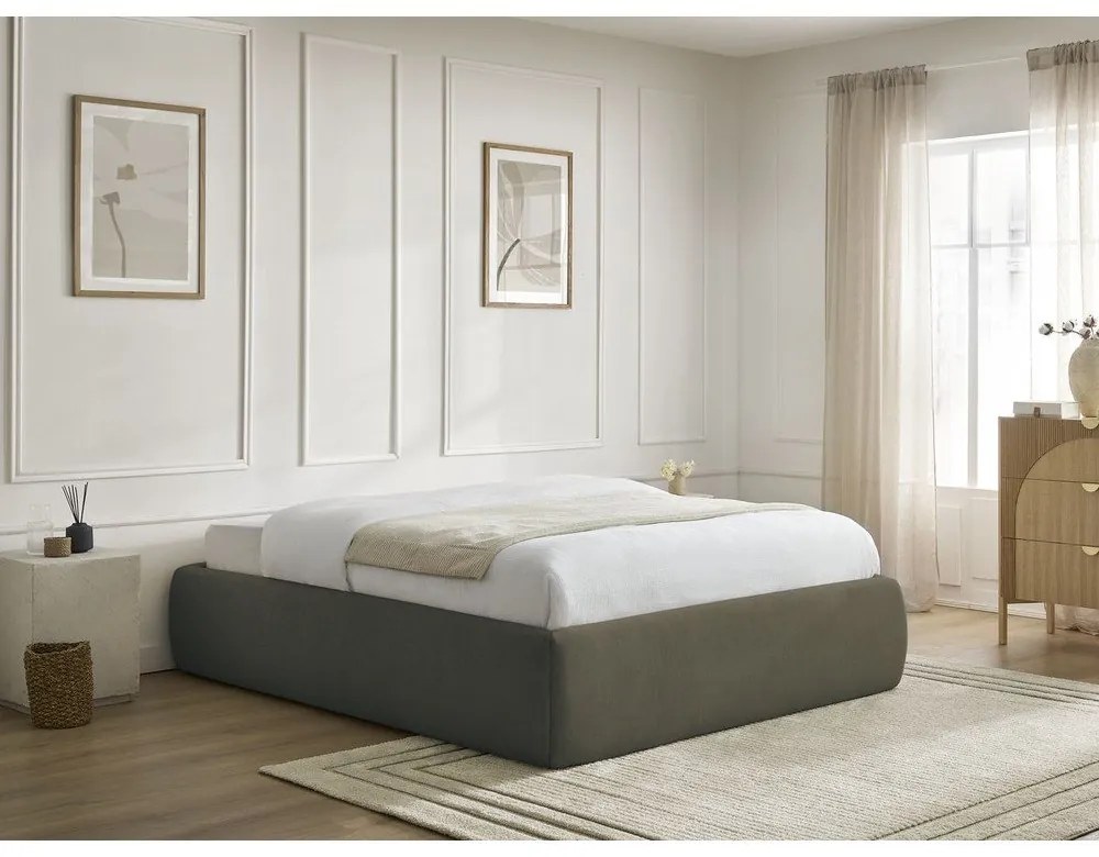 Sötétzöld kárpitozott ágyneműtartós-ágytámla nélkül franciaágy ágyráccsal 160x200 cm Inera – Bobochic Paris