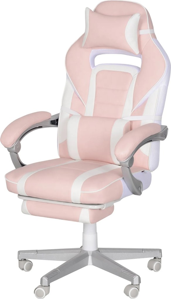 HOMCOM Játékvezető Szék Lábiasztallal, Magasságban Állítható Íróasztali Szék Fej- és Derékpárnákkal, Forgatható Játékos Ülés Dönthető Háttámlával, Műb