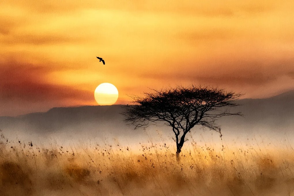Fotótapéta Flizelina Afrika Szavanna Sztyeppék Fa Nap Madár 208x146 ragasztó