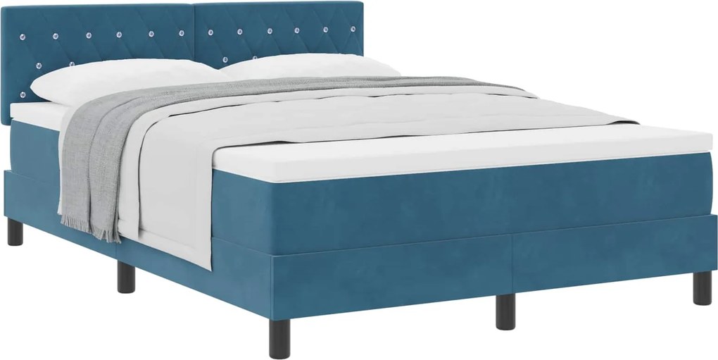 vidaXL Boxrugós ágy matracmal Sötét kék 140 x 190 cm Bársony