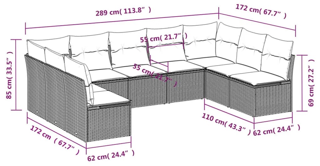 9 részes fekete polyrattan kerti ülőgarnitúra párnákkal