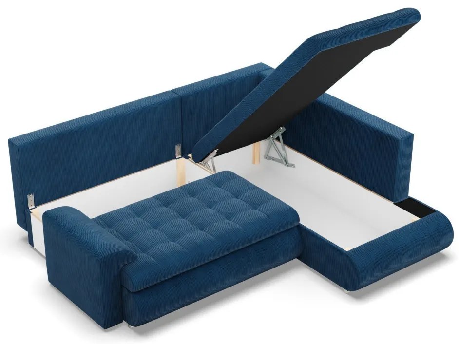 Tokio sarokkanapé, L alakú háttámlával, 2 ágyneműtartóval, kordbársony, jobboldali, kék