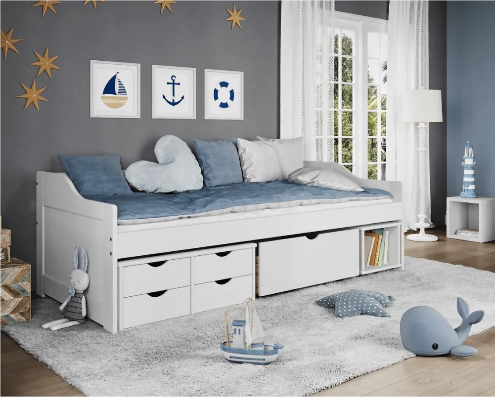 Ágy tárolóhellyel, fehér, tömörfa, 90x200, MAXI NEW