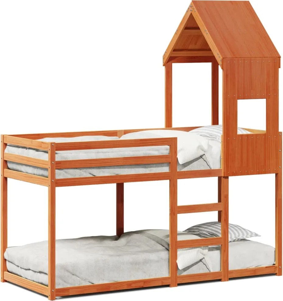 vidaXL viaszbarna tömör fenyőfa ágy emelettel és tetővel 90 x 190 cm
