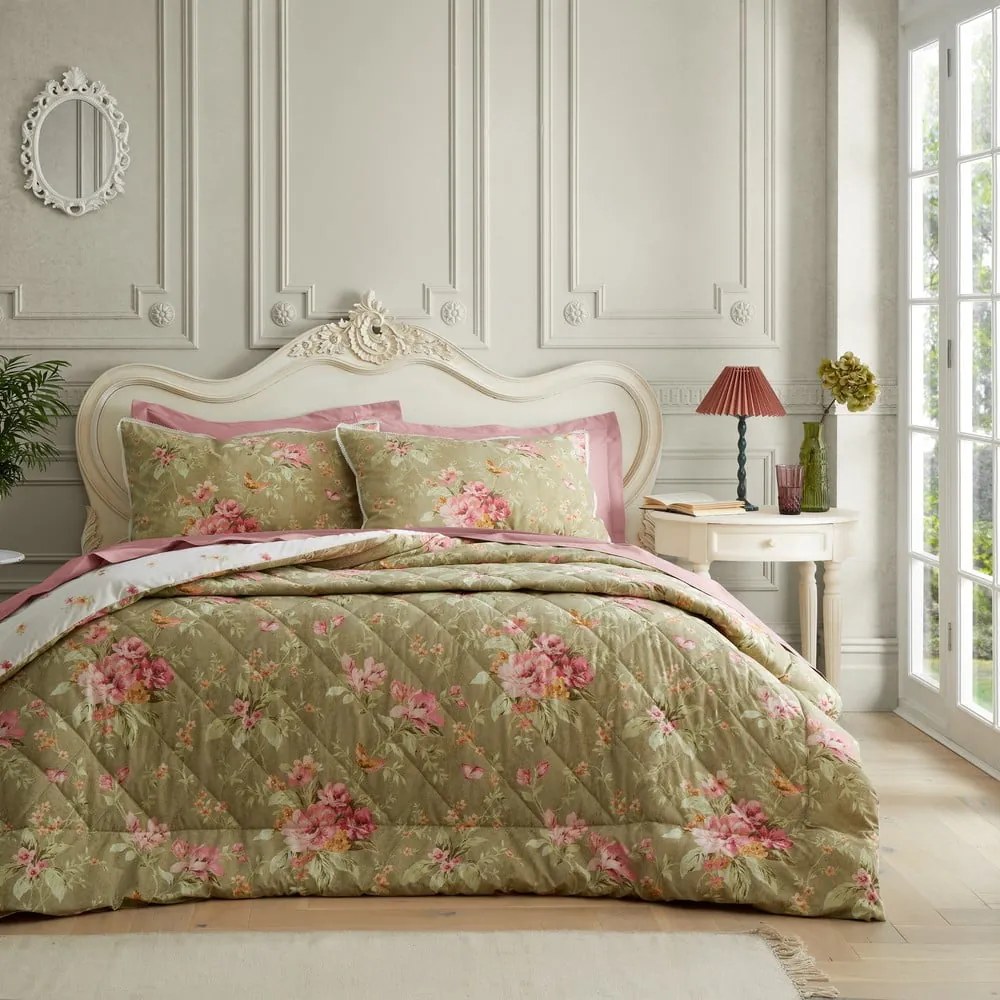 Zöld steppelt ágytakaró 200x200 cm Penelope Floral – Catherine Lansfield