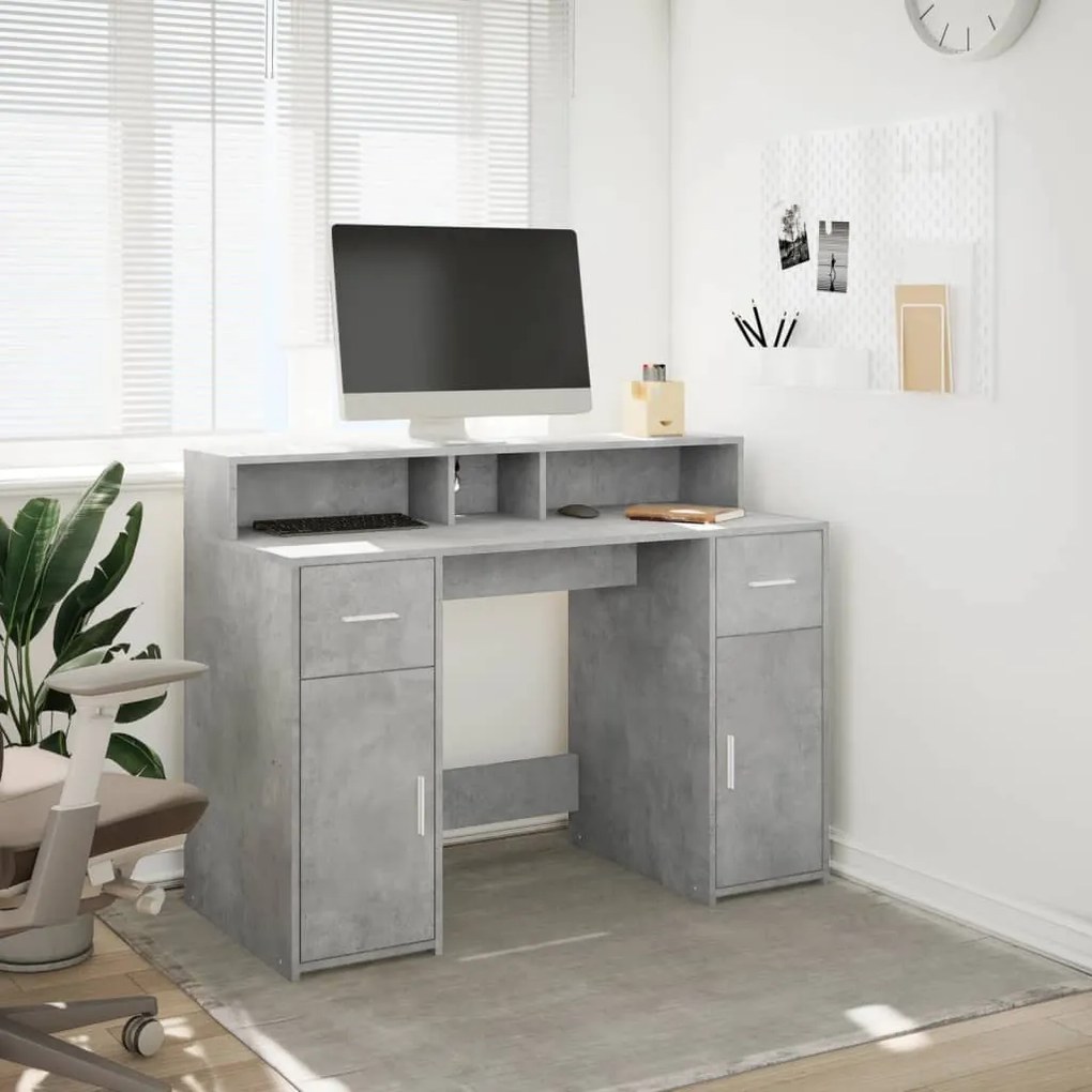betonszürke szerelt fa íróasztal LED-világítással 120x55x91 cm