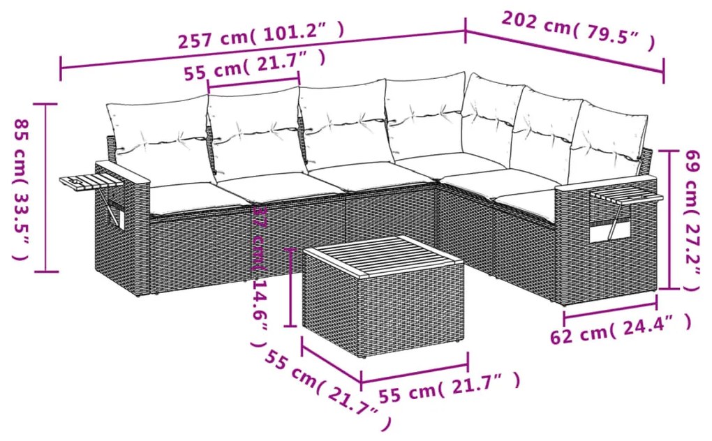 7 részes fekete polyrattan kerti ülőgarnitúra párnával