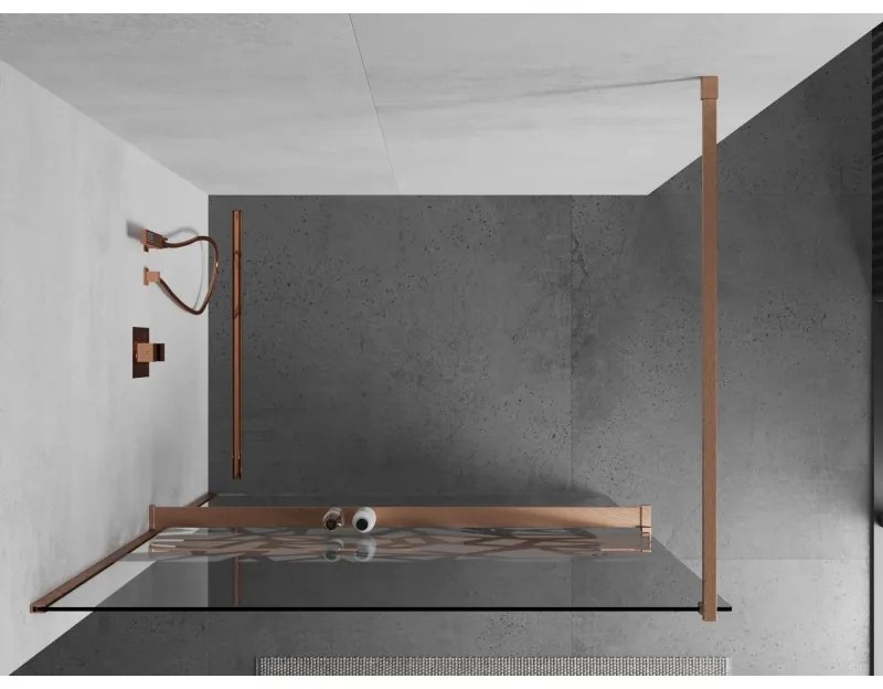 Mexen Kioto+, Walk-In zuhany paraván polccal és akasztóval 140 x 200 cm, 8 mm átlátszó üveg fehér mintás, réz matt profil, 800-140-121-65-85