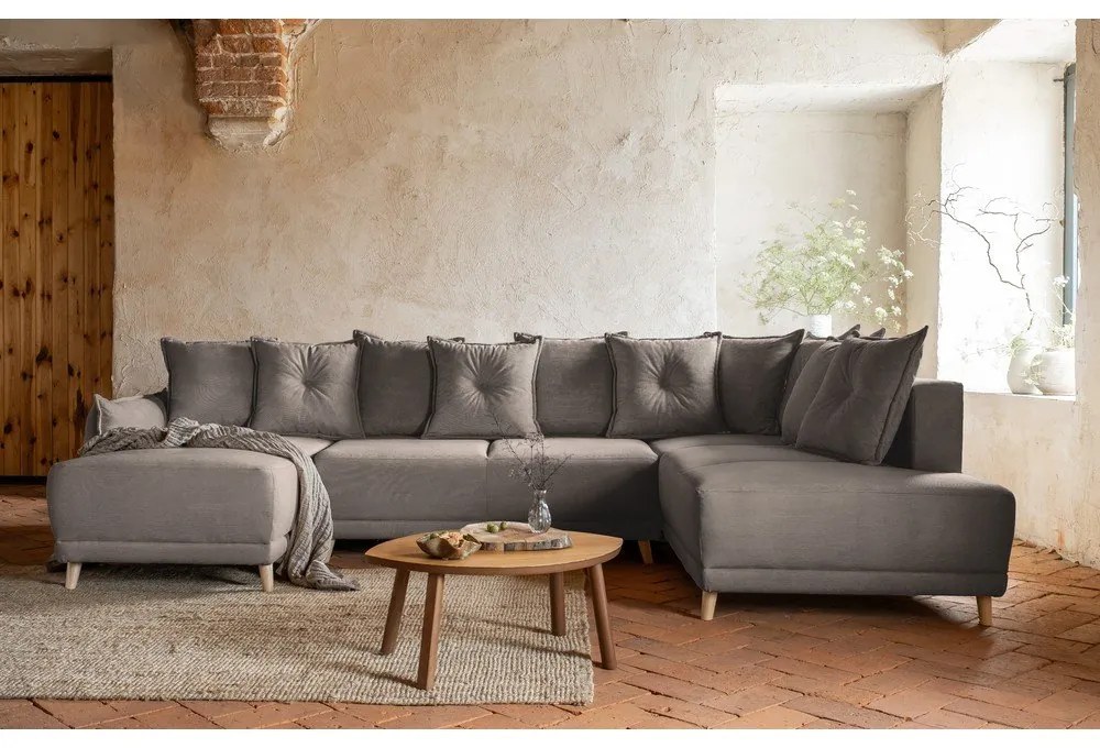 Világosbarna kordbársony kinyitható sarokkanapé (jobb oldali-U alakú) Lazy Lukka – Miuform