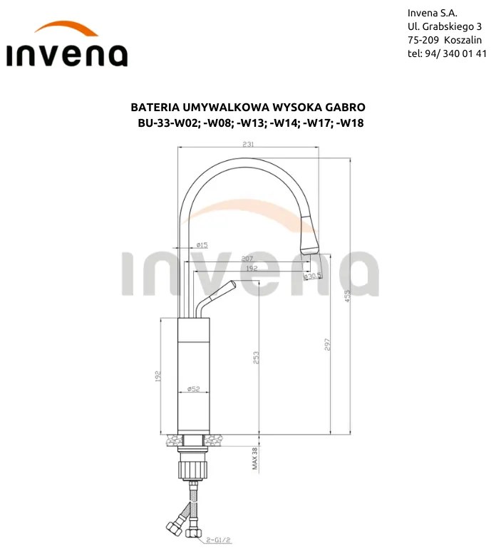 Invena Gabro, magas mosogató csaptelep, fehér-réz, INV-BU-33-W18-V