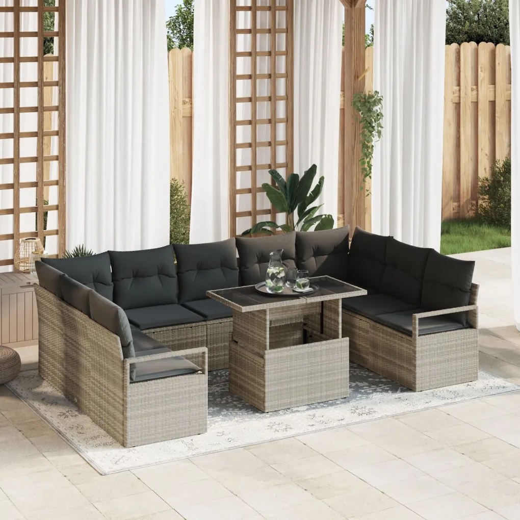 10 Darabos Kerti Kanapészett Párnákkal Világosszürke Poli Rattan, 2-Fős Kerti Kanapé Párnákkal Szürke Poli Rattan