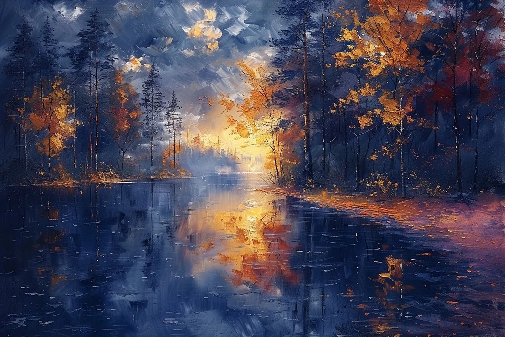 Vászonkép Canvas Erdő Fák Tó Tükröződés Ősz Nap 120x80