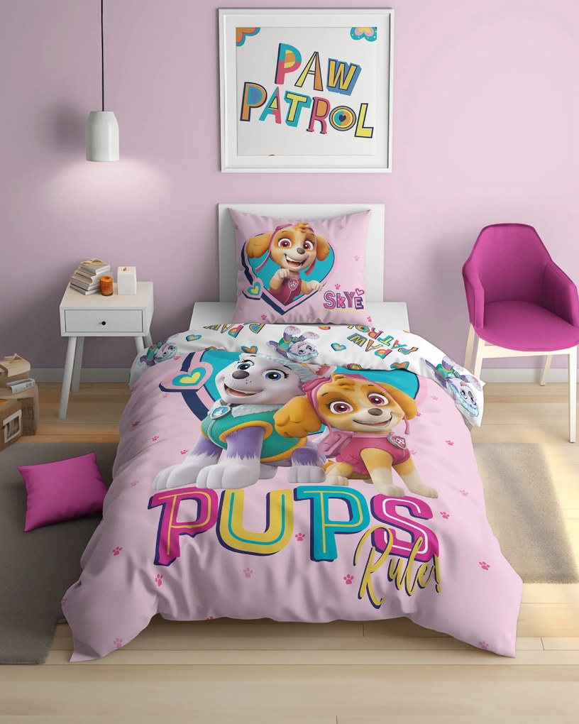 Világító ágynemű PAW PATROL Pups rule rózsaszín Ágyneműhuzat mérete: 70 x 80 cm | 140 x 200 cm