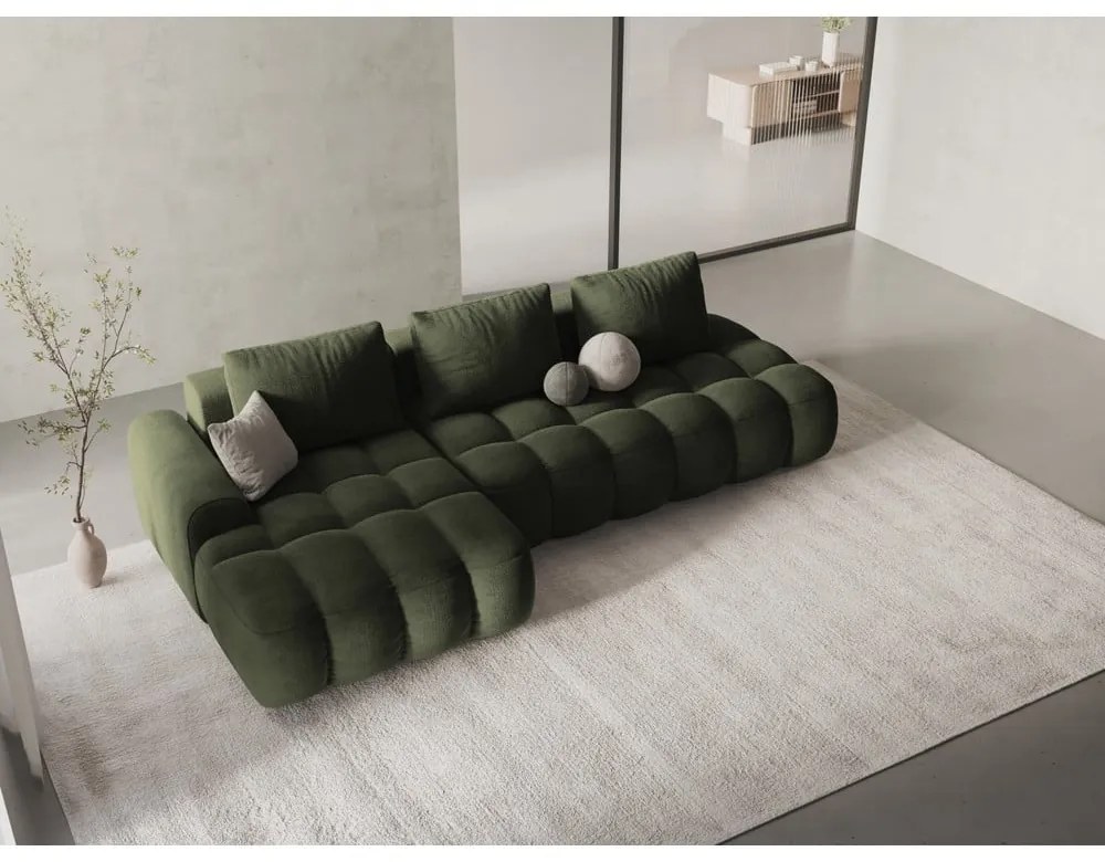 Zöld bársony kinyitható-tárolóhelyes sarokkanapé (bal oldali-heverő résszel) Linz – Cosmopolitan Design