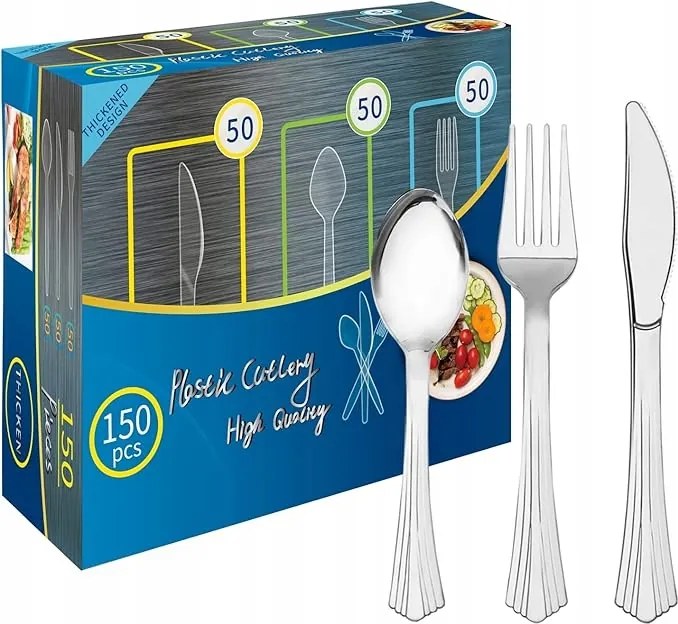 150 db-os újrafelhasználható BPA-mentes ezüst műanyag evőeszköz készlet