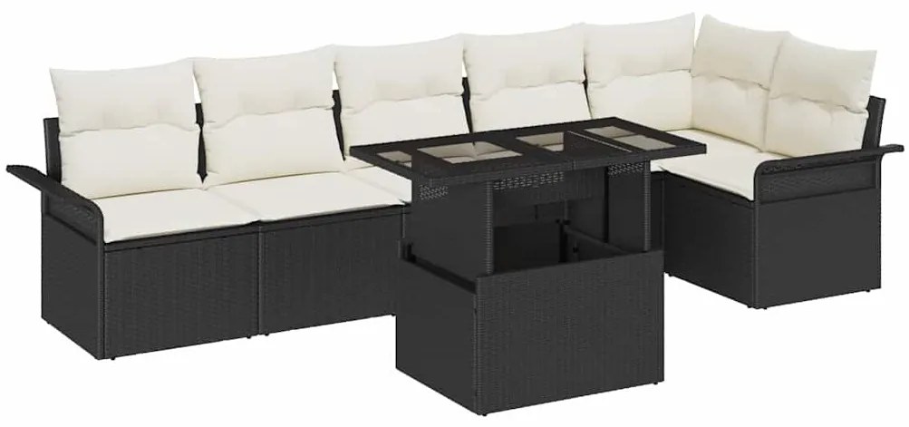 vidaXL Kerti Kanapé Szett párnával tárolóval 7 pcs Fekete Poli rattan