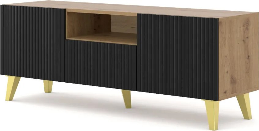 RAVENNA TV-állvány 150 cm, matt fekete ajtókkal, artisan tölgy színű korpusszal, 2 ajtóval és 1 fiókkal