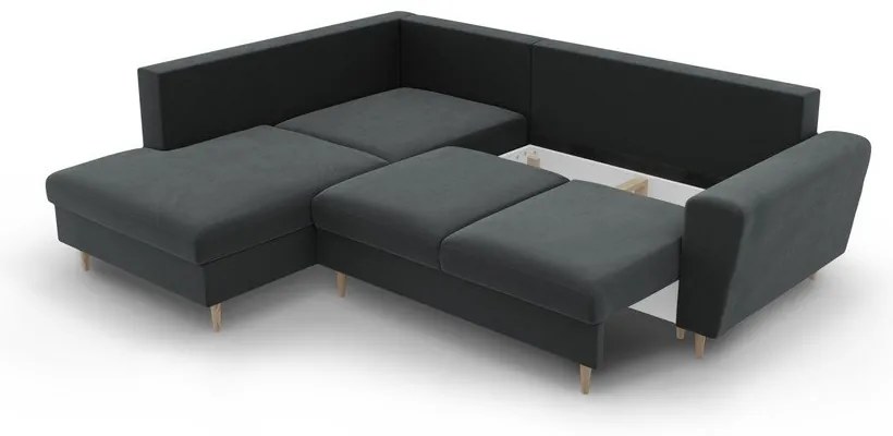 Sötétszürke bársony kinyitható tárolóhelyes sarokkanapé (bal oldali-L alakú) Kyoto – Cosmopolitan Design