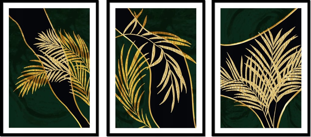 Triptyk 3 Db-os Képkeret szett pálmafák arany levelek fekete P2481_53x43